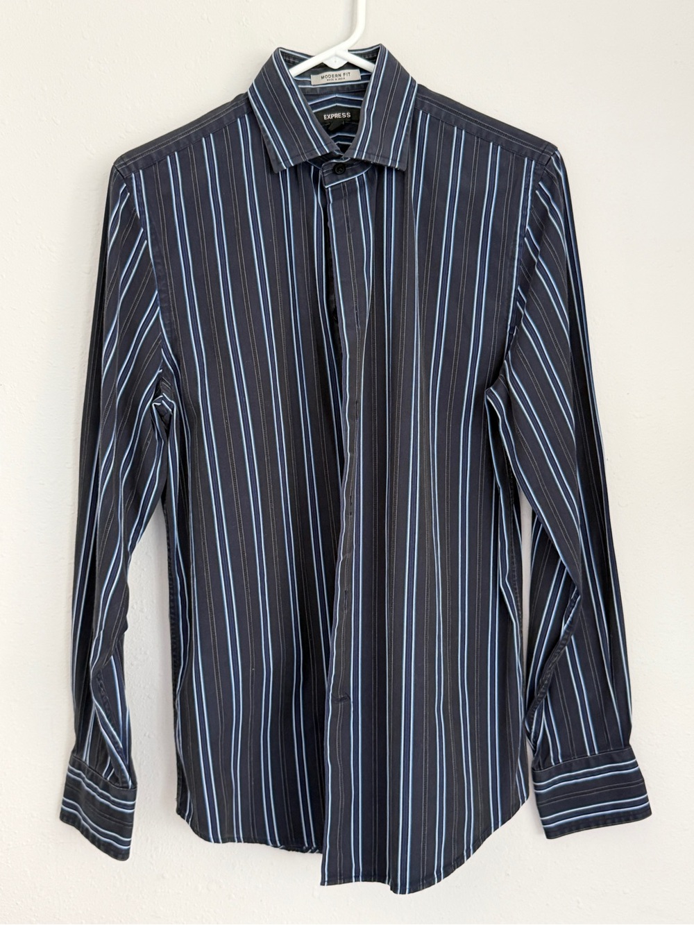 Express Men’s Black Dress Shirt with Blue Stripes